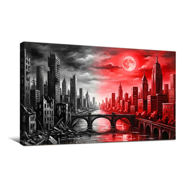 Paysage et nature paysage urbain divisé lune noire et rouge, H 24 po x l 48 po