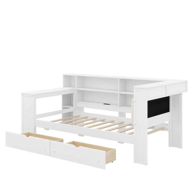 Twin Size Platform Bed With Storage Shelves, Drawers, Charging Station, LED, Desk And Upholstered Headboard, White