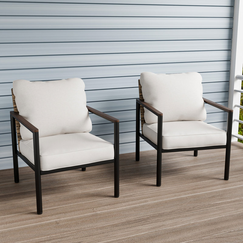 Chaise de salle à manger d'extérieur en osier avec cadre en acier (ensemble de 2), Beige