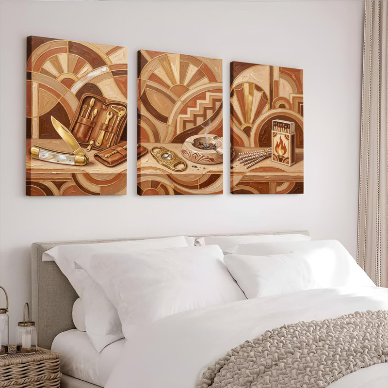 Ensemble de 3 tableaux sur toile Art déco « Outils et Allumettes », H 30 po x l 60 po