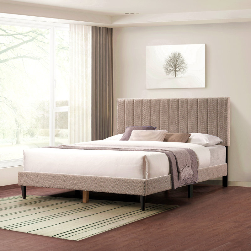 Structure de lit plateforme tapissier gris, tête de lit à profil capitonné, meubles de chambre à coucher de style Mid-Century, sommier à lattes en bois non requis, cadre de lit à lattes modernes, cadre souple moderne, 64,25 po x 84,5 po x 45 po