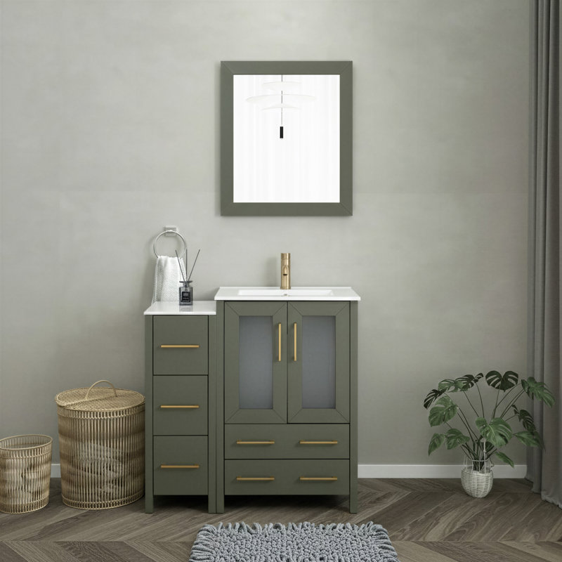 Ensemble de meuble-lavabo autoportant 36 po avec plateau en céramique et miroir assorti Brescia, Vert rétro