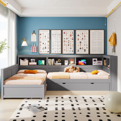 Smart L-Shaped Twin Platform Bed with Trundle & Charging Station