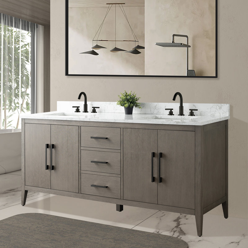 Meuble-lavabo double 72 po avec plateau en marbre, Noir mat, Bois flottant gris
