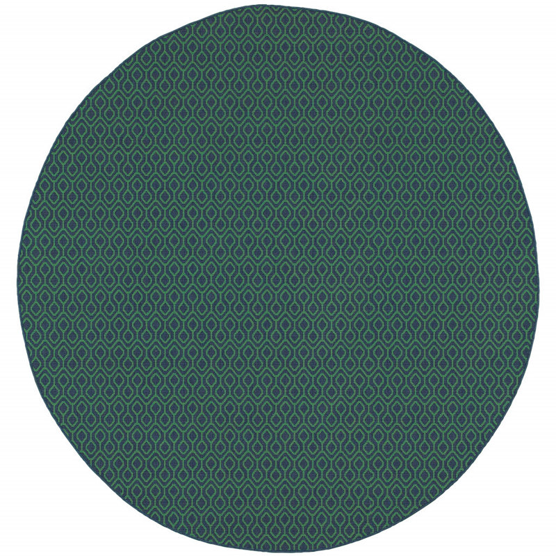 Navy and Green Geometric Stain-Resistant Synthetic Runner Rug
