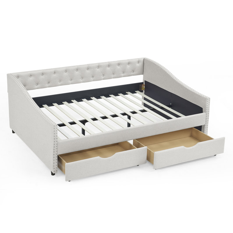 Modern Daybed With Drawers Upholstered Tufted Sofa Bed, With Button On Back And Copper Nail On Waved Shape Arms, Beige