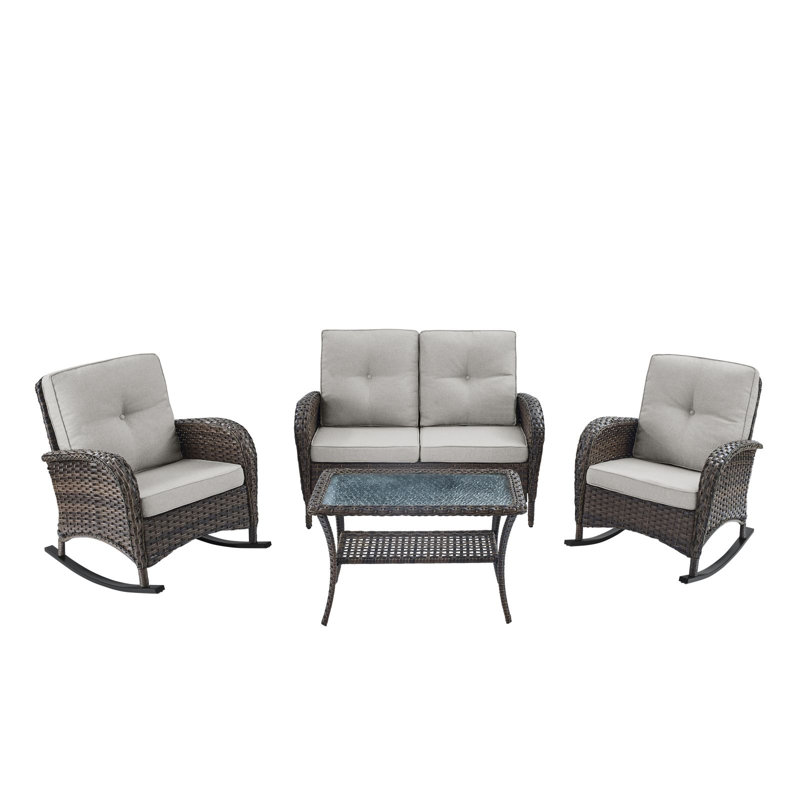 Ensemble de conversation en rotin et osier avec coussins, Beige