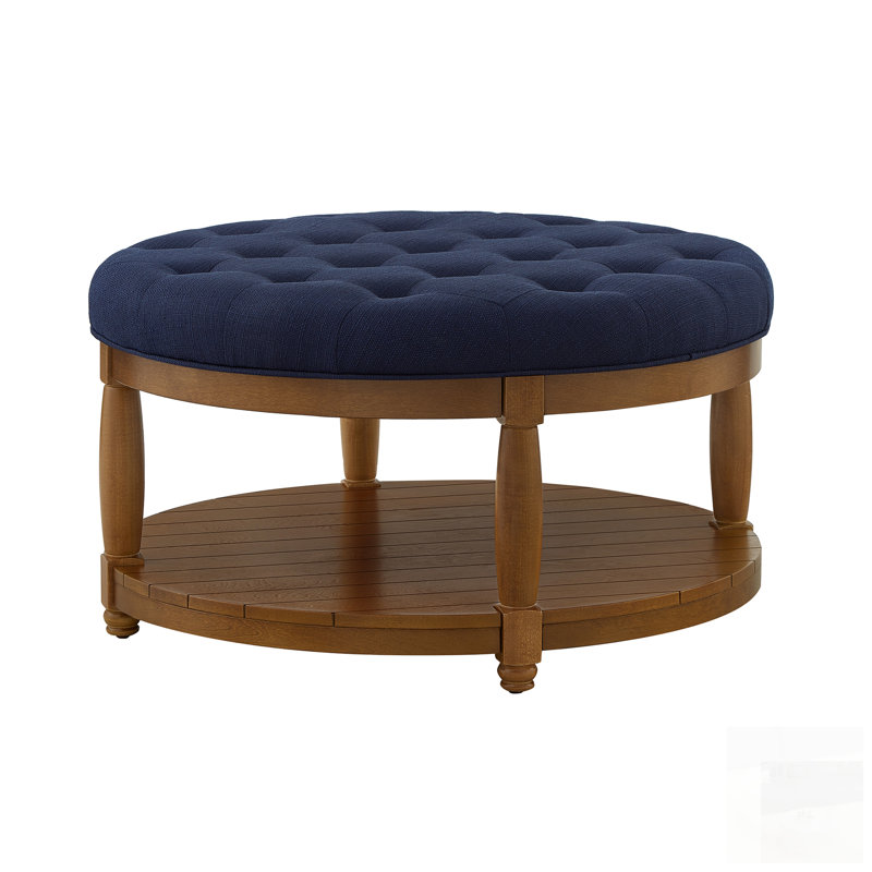 Large Round Tufted Linen Ottoman Coffee Table With Wood Shelf Storage, For Home And Commercial Use, Navy Blue, Brown