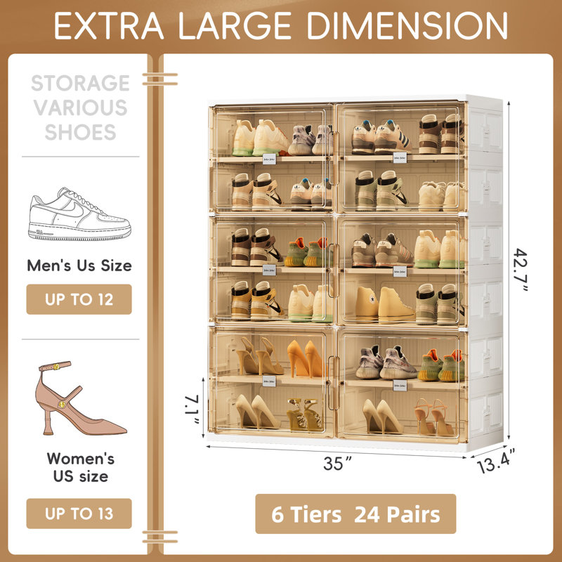  6 Tiers Foldable Shoe Rack Organizer Cabinet For Closet Entryway, Large Collapsible Shoe Storage Box With Magnetic Doors Fits Up To 24 Pairs