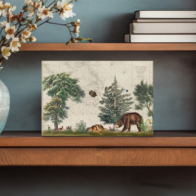 Vintage Map Forest Wildlife Retro Vintage Abstract Bear Bird Flower Forest Wall Art Print by Andrea Haase - Print