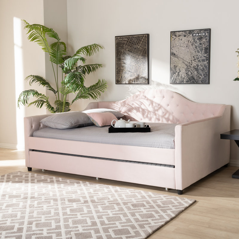 Lit de jour avec couchette Dania, Lit double, Rose clair