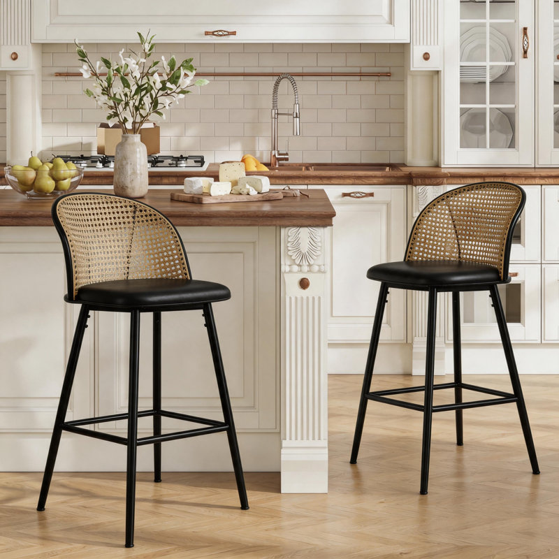 Upholstered Counter Stool with Metal Frame, 2, Black