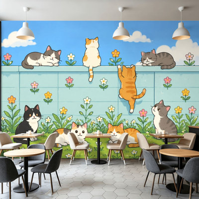 Peel and Stick Wallpaper Wall Mural Playful Cats Colorful Flower Garden Blue Sky Wall Art Self Adhesive and Removable