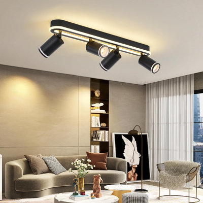 LED 4-Light Track Lighting Spotlight Kit, Modern Ceiling Track Light Fixture with Flexibly Rotatable Light Heads, 50W+20W Dual Lighting, Includes 4 GU10 Bulbs for Kitchen Living Room