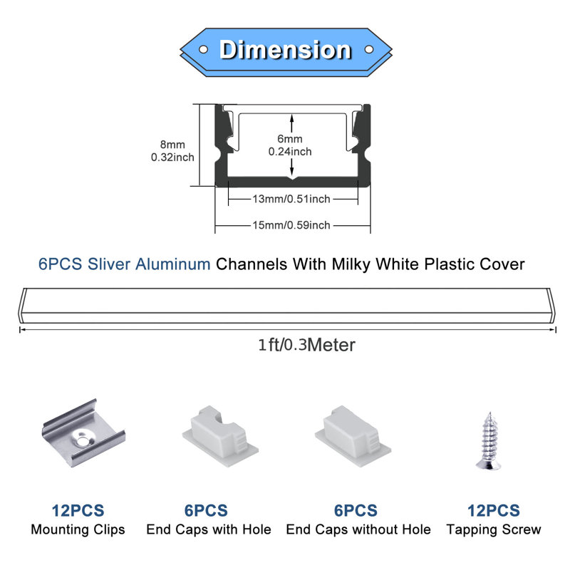 VST 1ft Aluminum U-Shaped LED Light Strip Channel (with Cover), Pack of 6, Silver