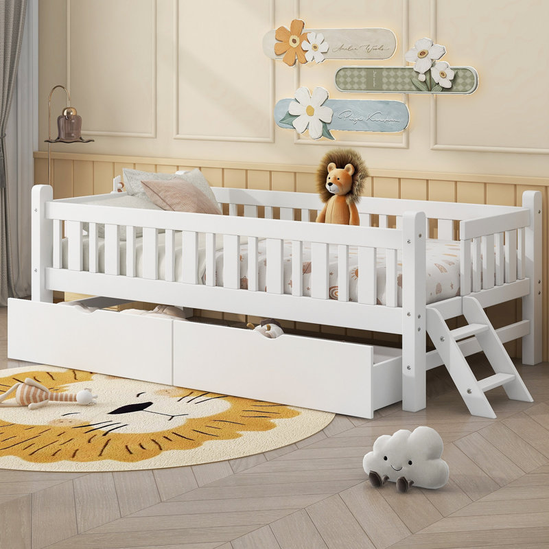 Lit plateforme simple en bois avec garde-corps et 2 tiroirs, blanc