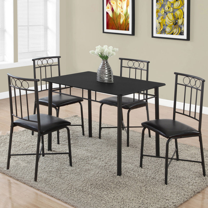 Dining Table Set, 5Pcs Set, Small, 40" Rectangular, Kitchen, Black Metal, Black Leather Look, Contemporary, Modern