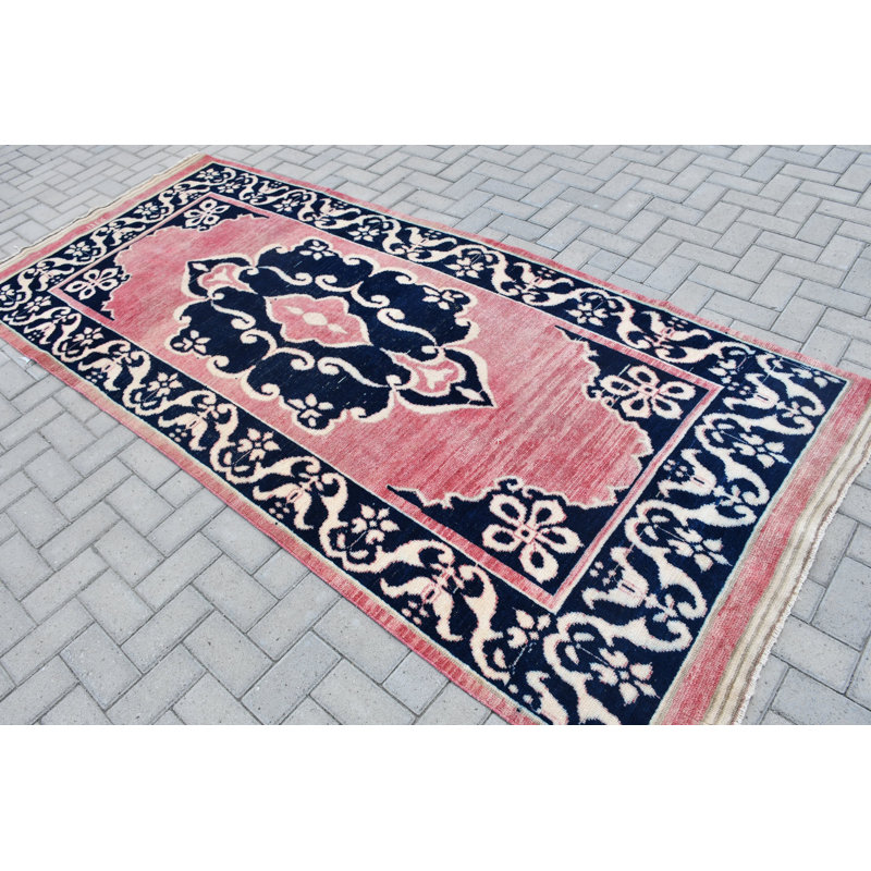 Tapis turc rétro fait à la main en rose et bleu marine pour décoration d'intérieur et de piste Boho bleu / rose