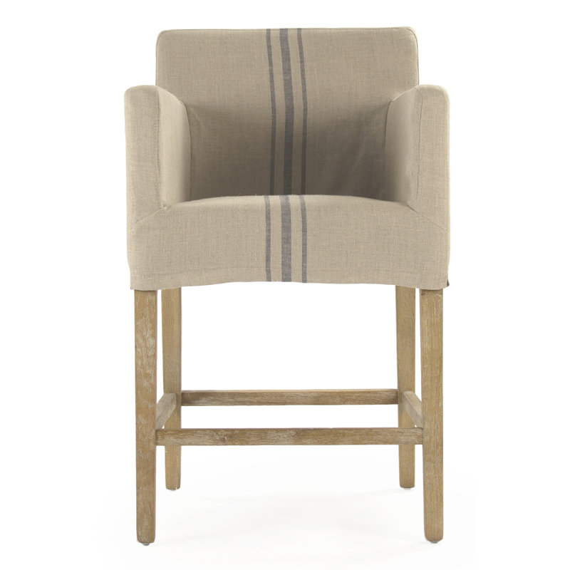 Khaki and Blue Stripe Upholstered Counter Stool with Wood Frame