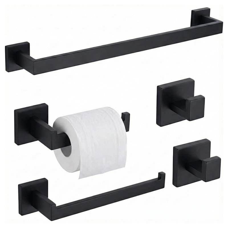 Ensemble de quincaillerie de salle de bain carrée 5 pièces SUS304, Matte Black
