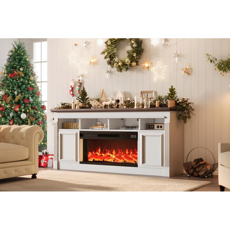 68" Fireplace TV Stand with 36" Electric Fireplace, Farmhouse Media Console, White Brown
