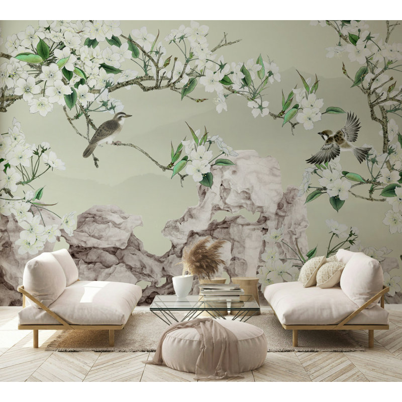 Papier peint vert cerisier cerisier en fleurs, L 75 po x l 112 po