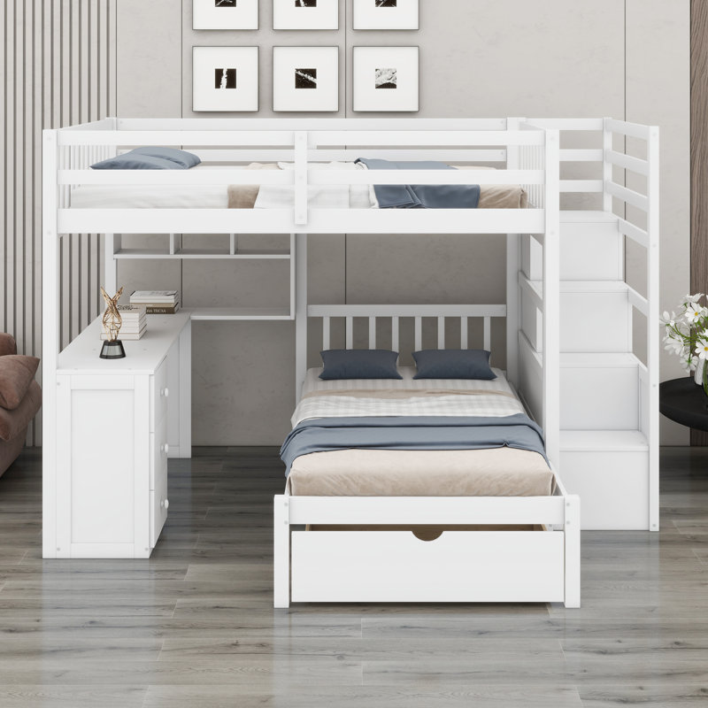 Lit superposé avec bureau, tiroirs et tablettes, Blanc