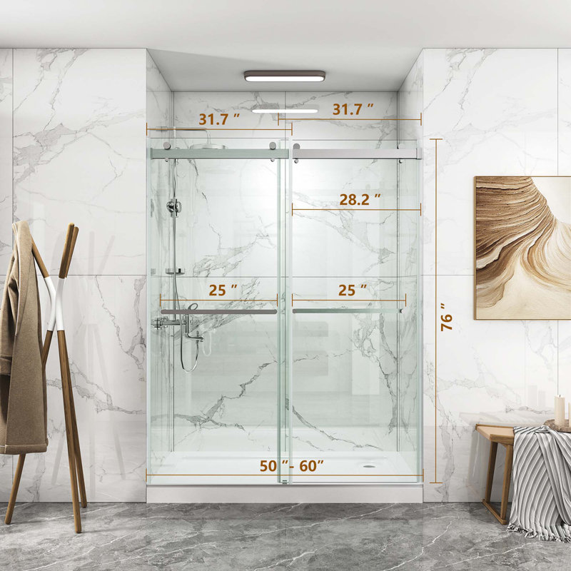 Porte de douche sans cadre, porte de douche coulissante double avec verre trempé épais 3/8 po de qualité supérieure, acier inoxydable