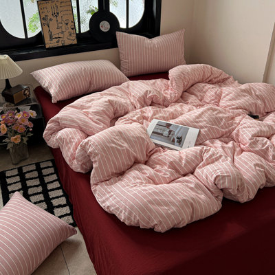 Girls Pink White Stripe Duvet Cover Set Breathable Striped Comforter Cover With  Pillowcases Minimalist Stripes Textured Gauze Bedding Set