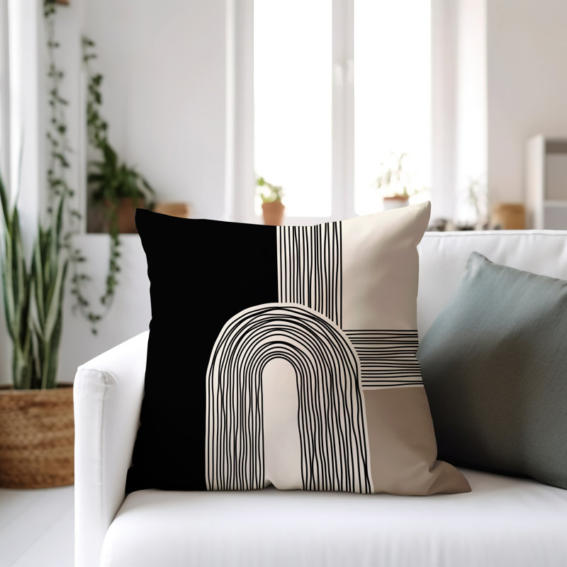 Coussin décoratif réversible intérieur / extérieur Cassie, H 17 po x l 17 po, Beige / crème / noir