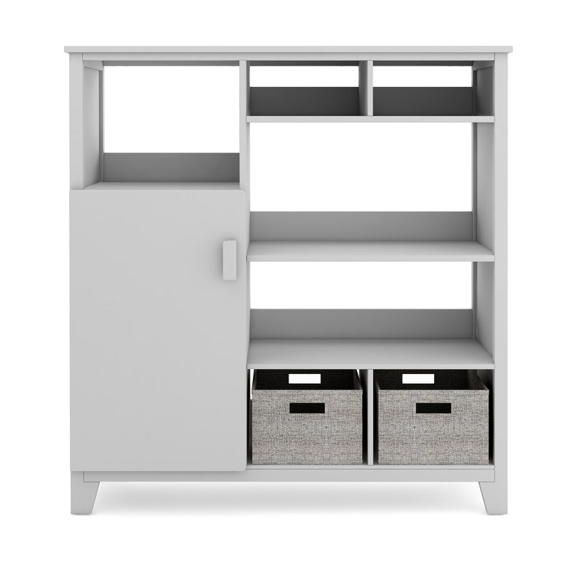Gray Kids' Media Shelf with Fabric Bins and Cubby Cubes