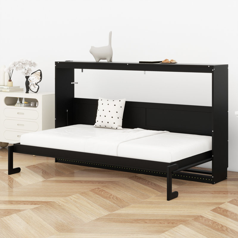 Lit escamotable peu encombrant avec motif imprimé, station de charge DEL sous le lit et USB, Lit simple, Noir