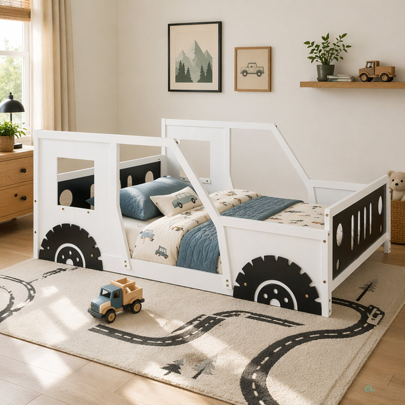 Full Size Classic Car-Shaped Platform Bed With Wheels, White