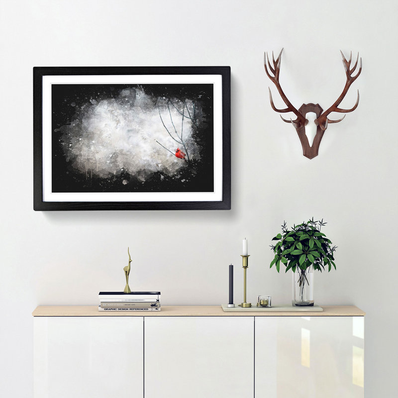 Red Cardinal Bird Paint Splash - Picture Frame Graphic Art, 45cm H x 63cm W x 2cm D, Black Framed