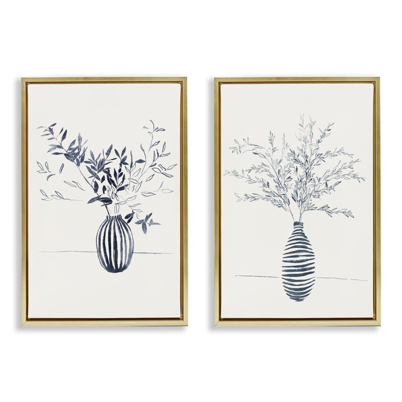 Ensemble de 2 vases de table rayés à motif floral rayé noir par Yuyu Pont, Cadre flottant métallique doré, H 31 po x l 21 po
