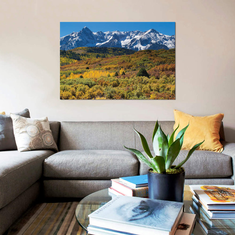 «Trees with Mountain Range in the fond, Aspen, Pitkin County, Colorado, USA I», reproduction de photo sur toile, Toile tendue
