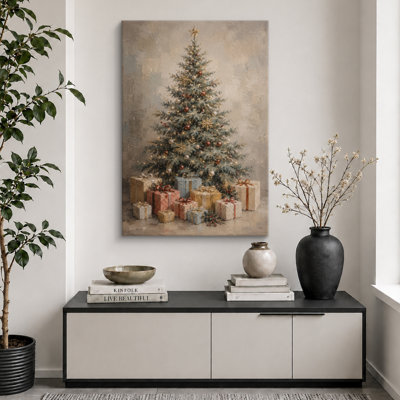 Vintage Christmas Tree Holiday Artwork, Living Room Pictures, Framed Canvas Giclee Print Wall Art