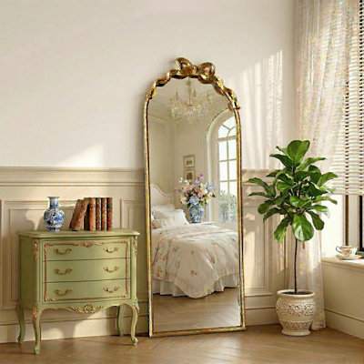 Antique Gold Baroque Arched Floor Mirror with Bow Accent