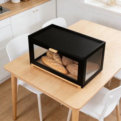 Farmhouse Bread Box With Transparent Door, Large Bamboo Kitchen Countertop Storage Container For Bread And Food Organization