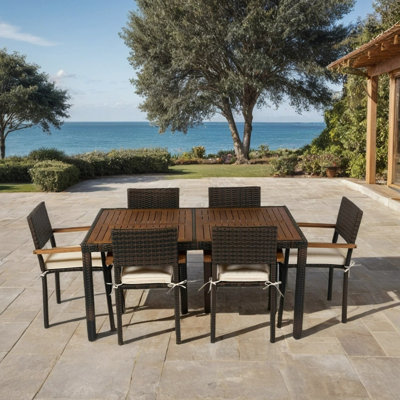Ensemble repas d'extérieur en osier 7 pièces avec coussin moelleux 7 pièces