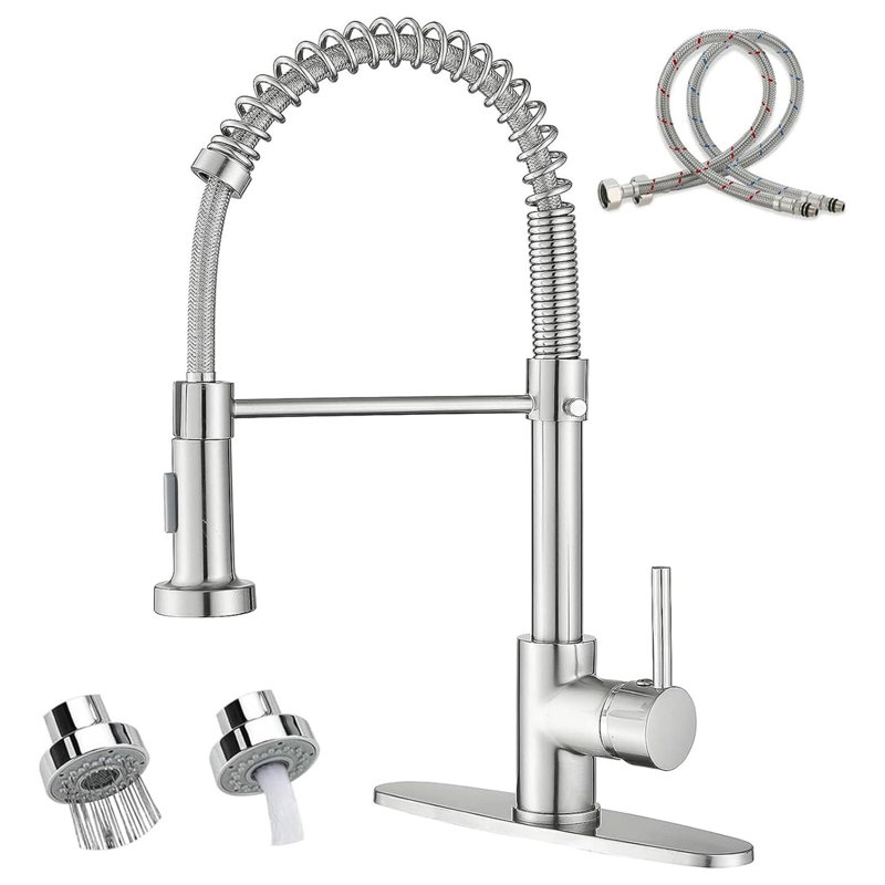 Kitchen Faucet 2-Function Pull Down Design with Deck Plate and High Arc Spring Neck Spout, Brushed Nickel