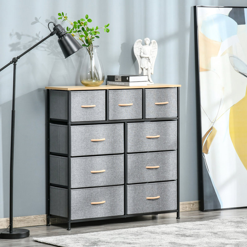9 coffres de rangement. Organisez votre maison. Pliable pour économiser de l'espace. Fabrication sécuritaire. Fabrication de qualité. Commode de 12,08 po de largeur avec rangement en chêne et gris. Spacieux, pliable, avec dossier basculant