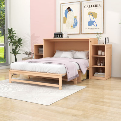 Lit escamotable en bois avec tablettes ouvertes et tiroir