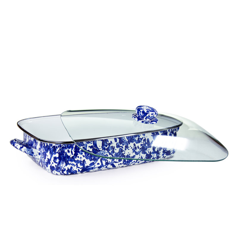 Golden Rabbit Enamelware -Black Swirl Pattern -16 x 12.5 x 4 Inch Roasting Pan Set, Cobalt Swirl