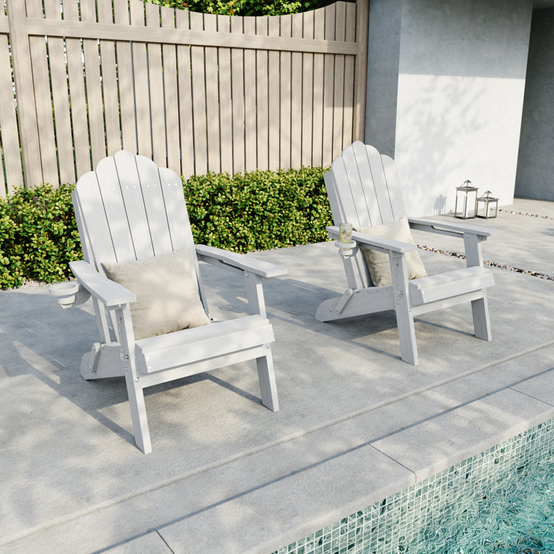  Ergonomic Folding Adirondack Chair with Cup Holder, All-Weather Patio Adirondack Chair for Outdoor, Easy Assembly, White