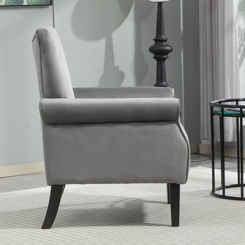 Fauteuil rembourré moderne avec pieds en bois et dossier à oreilles, Polyester gris