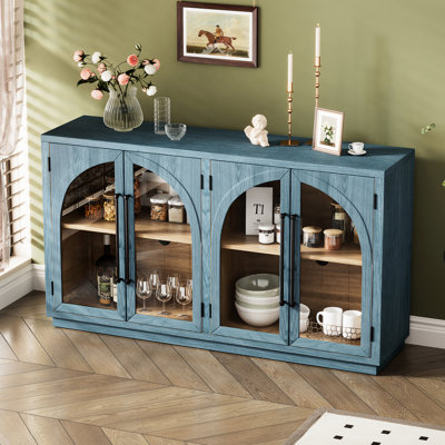 Buffet bleu marine avec grand espace de rangement pour grandes poignées en métal et attrait rétro