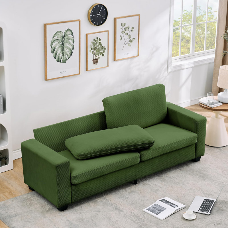 83" Modern Sofa, Corduroy 3 Seater Deep Seat Couch with Wide Armrest, Removable Washable Cushion Cover, Comfy Sofa, Green