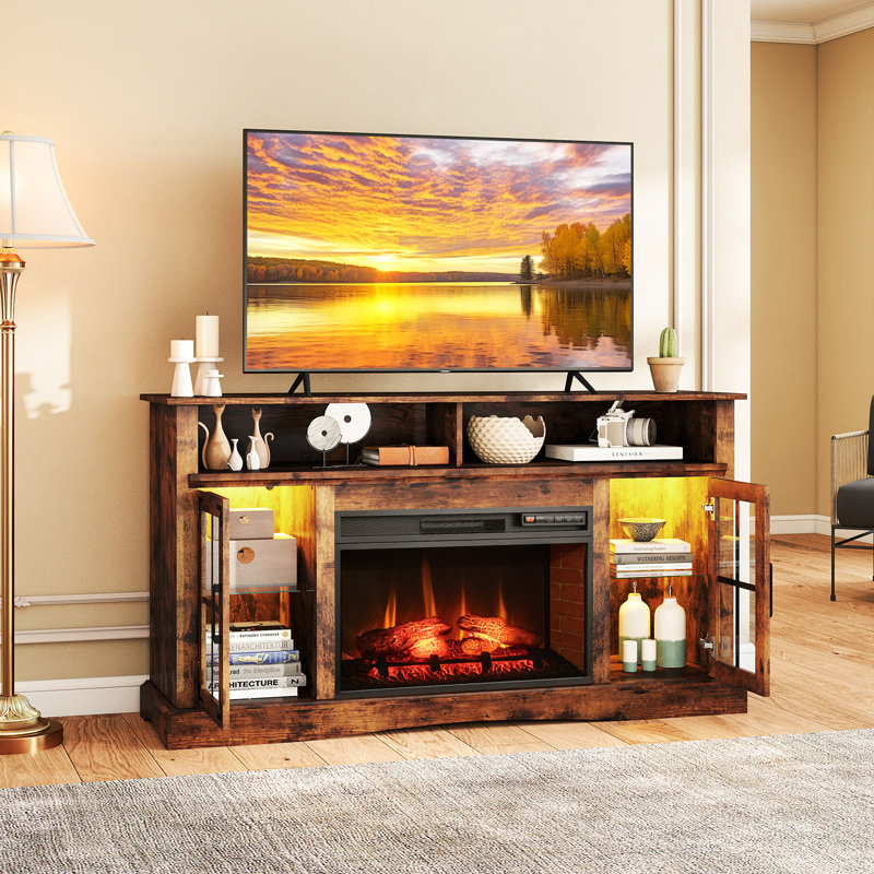 Fireplace TV Stand w/ Remote Controls & Thermostat Storage Cabinets , Brown