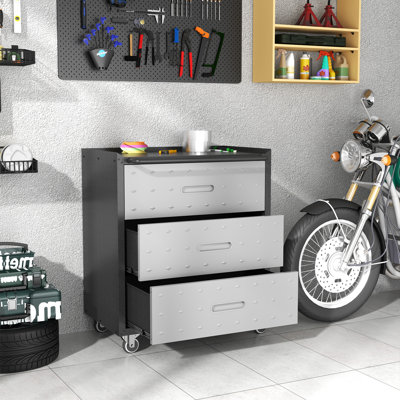 Heavy-Duty Metal Storage Cabinet With Wheels And 3 Drawers - For Garage, Office, Home. Black/Gray. 28.9"W X 16.63"D 33.99"H. Build. 360 Rotatable . Spacious Drawer Design. Powder-Coated Finish. Easy